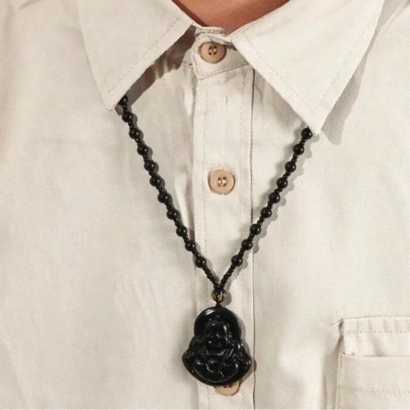 JADE obsidian Black Hand Carved Maitreya Buddah Pendant Necklace - Picture 2 of 6